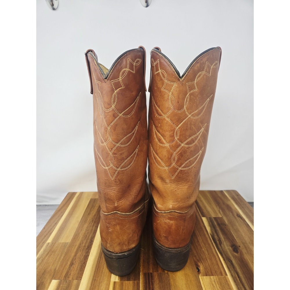 ACME Vintage Cowboy Western Boots Cognac Brown Leather Ranch Men Size 7 Womens 9 - Picture 11 of 11